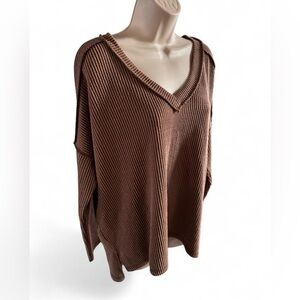 Zenana Ribbed Oversized V Neck Sweater Brown L/XL Slouchy Knit Pullover